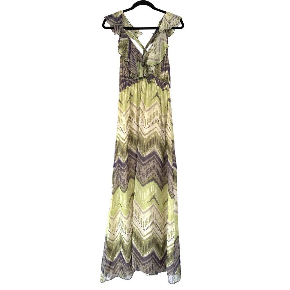 Hale Bob Green Purple Chevron Print Silk Maxi Dress Size L Ruffle Flowy Boho